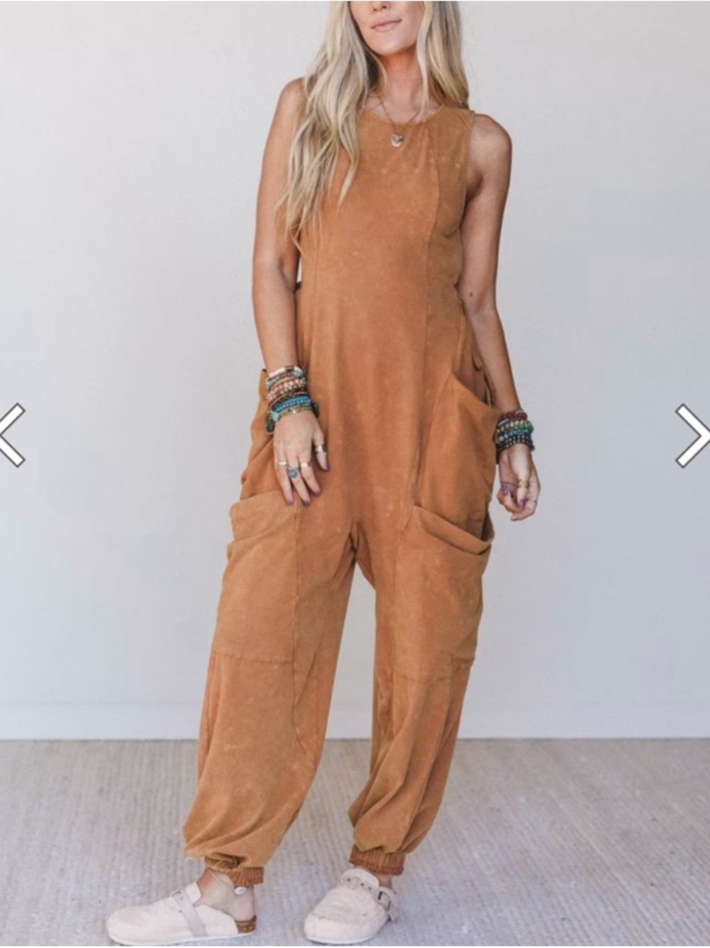 Three Bird Nest Sleeveless Cargo Jumpsuit in Camel Brown